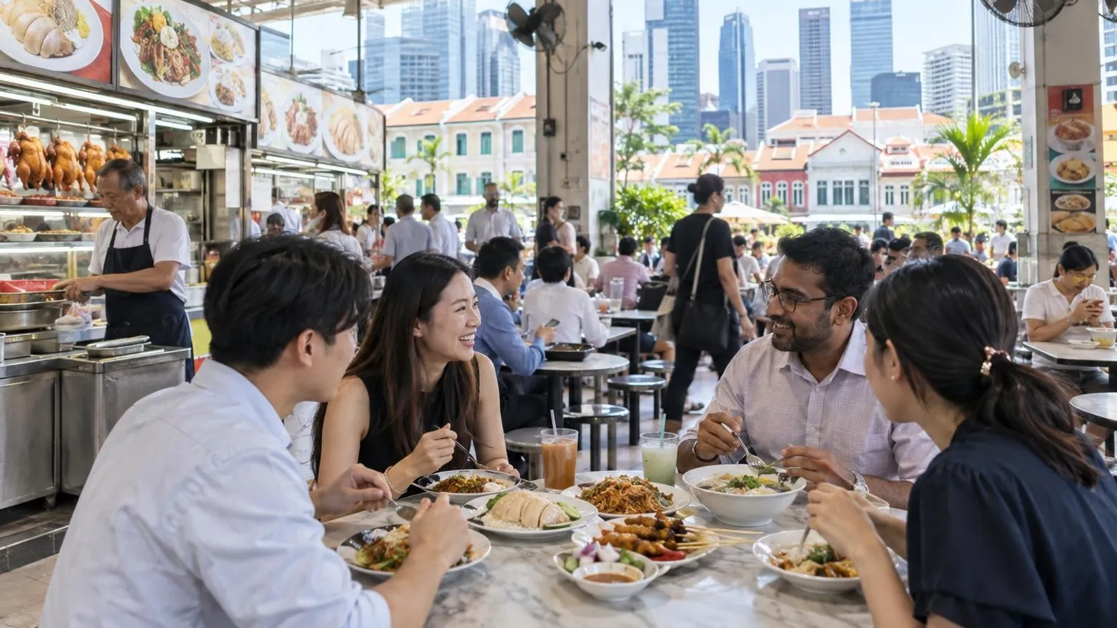 Diverse office workers sharing chicken rice, char kway teow and noodle soup at a bright Tanjong Pagar hawker centre with the CBD skyline and shophouses behind
