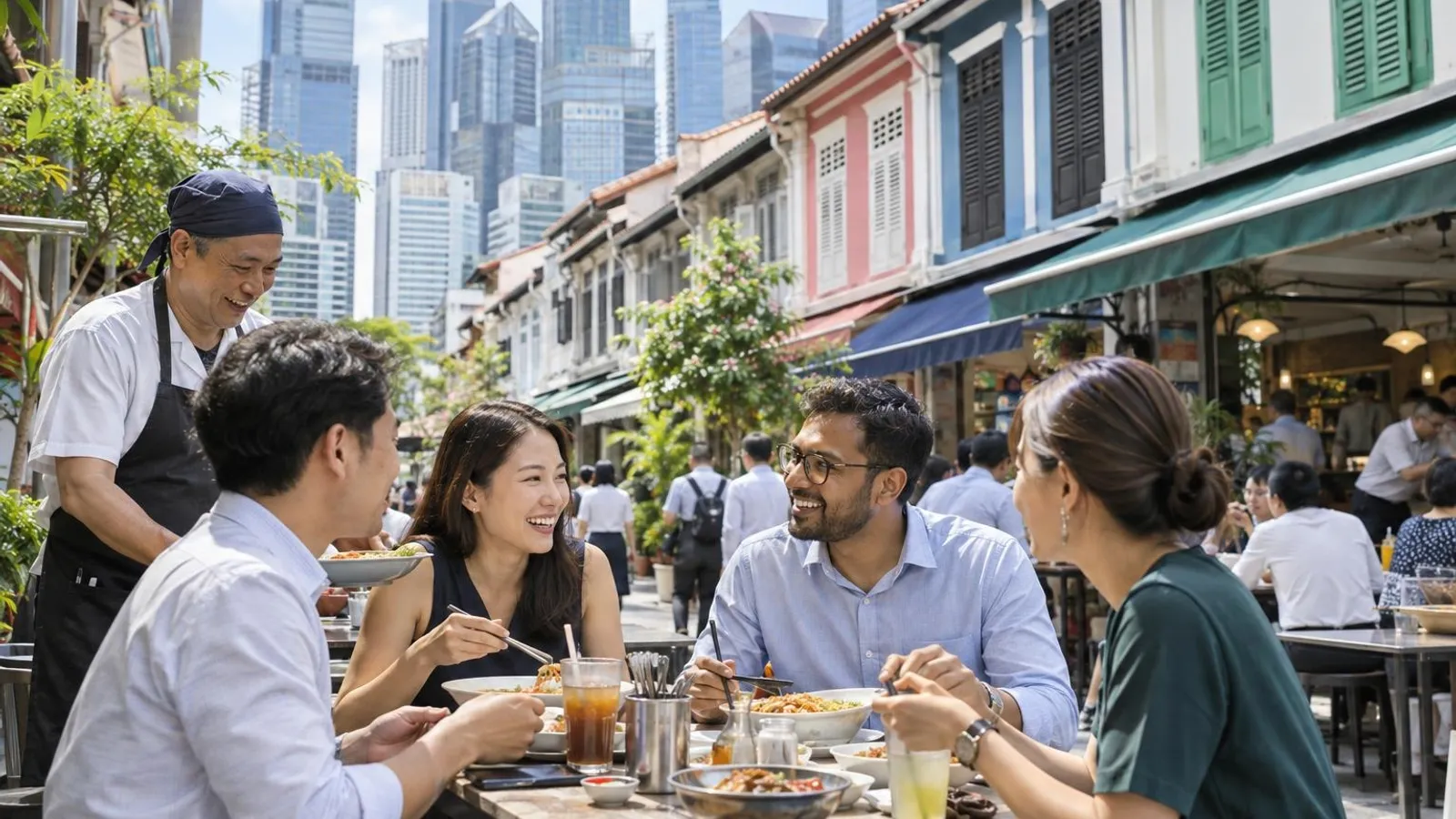 A diverse group of office workers sharing local dishes at a casual eatery on Telok Ayer and Amoy Street near Telok Ayer MRT, with colourful conserved shophouses and CBD towers behind