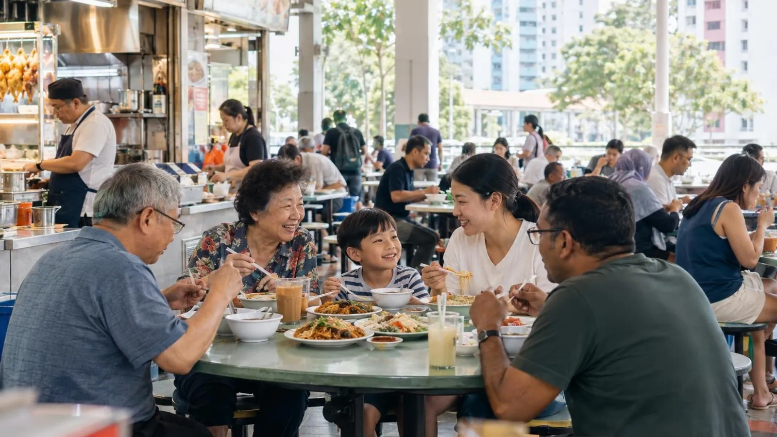 A diverse multi-generational family sharing noodles and local hawker dishes at a bright Toa Payoh heartland hawker centre, with HDB blocks and greenery behind