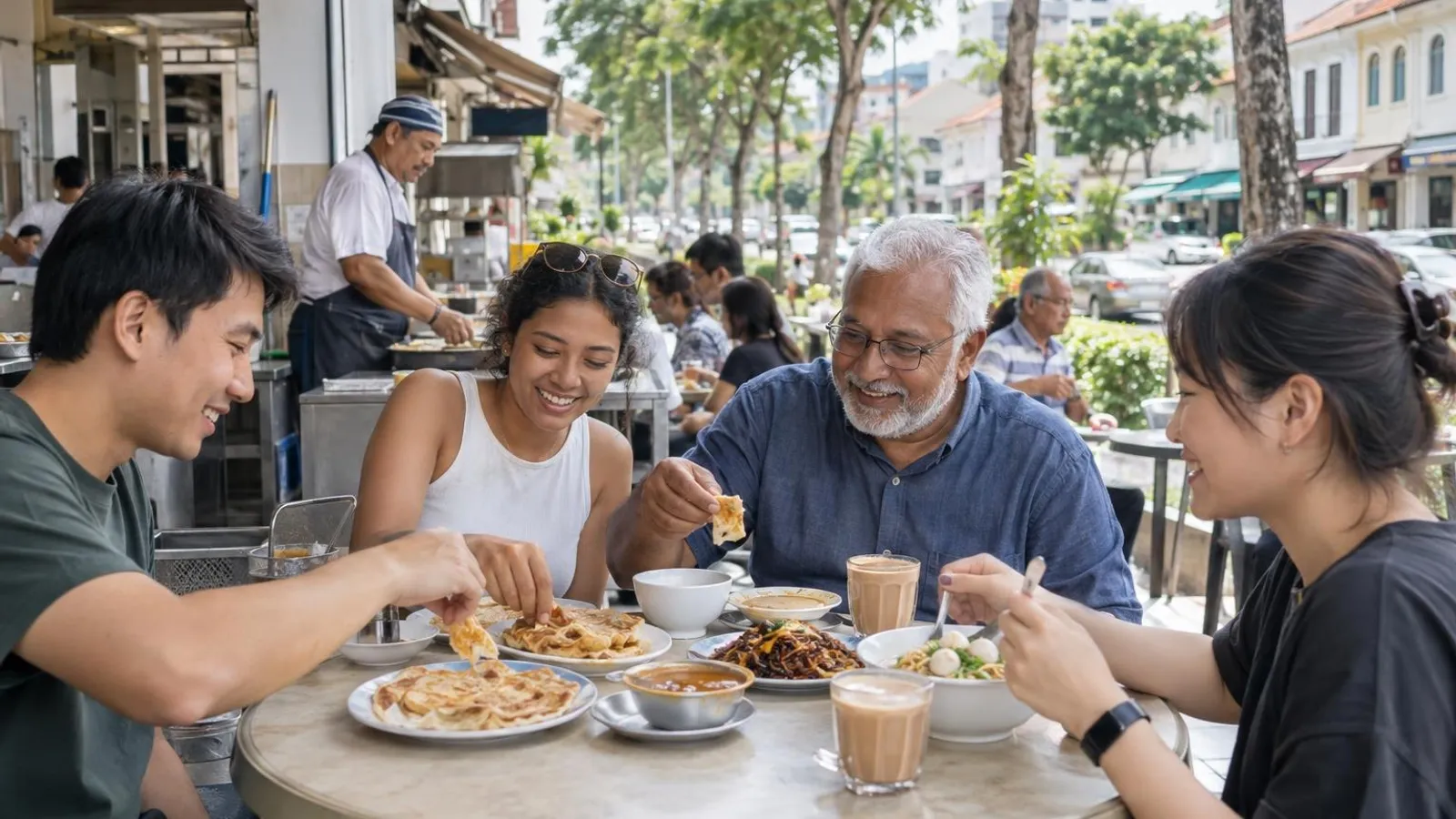 A diverse group sharing roti prata, curry and fishball noodles at an outdoor table on the Upper Thomson Road food street, with low-rise Thomson shophouse eateries and roadside rain trees behind