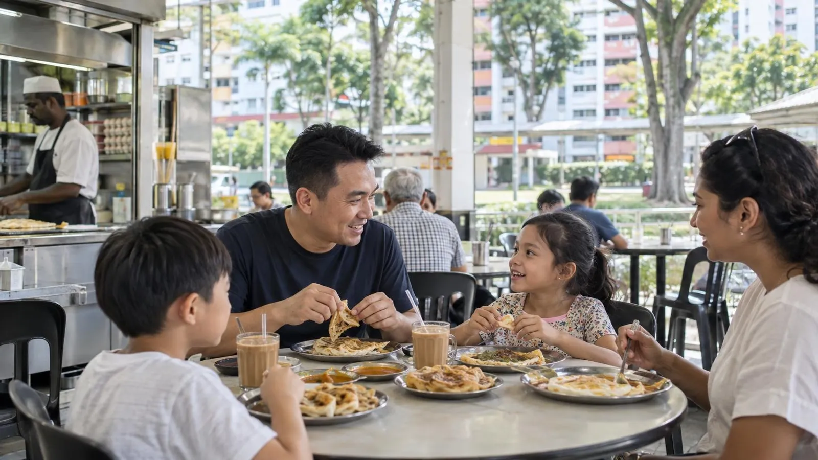A diverse family sharing roti prata and local dishes at a bright neighbourhood coffeeshop near Yio Chu Kang MRT, with north heartland HDB blocks and rain trees behind