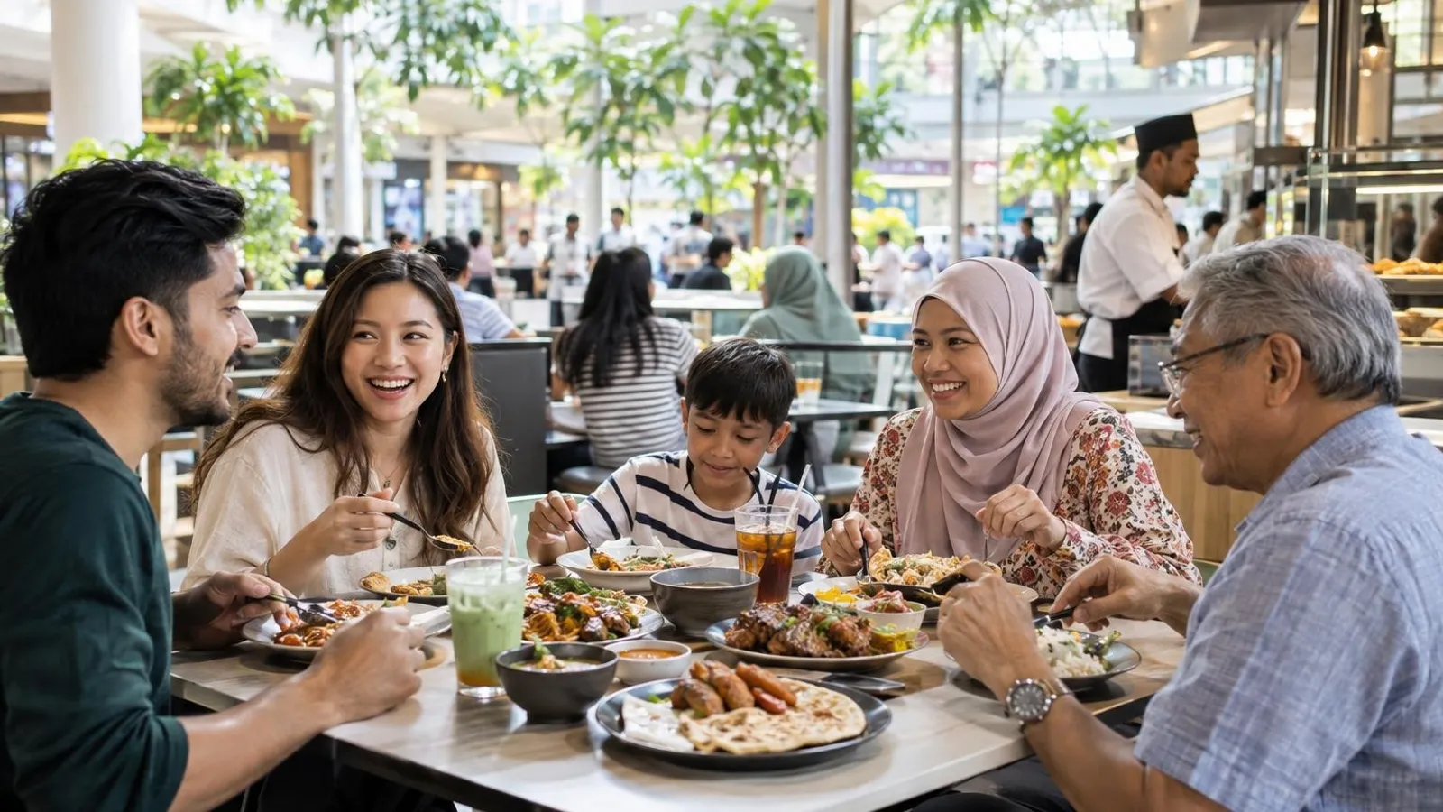 A diverse multi-generational group sharing a halal and local spread at a bright, greenery-filled heartland mall dining area near Yishun MRT and Northpoint City